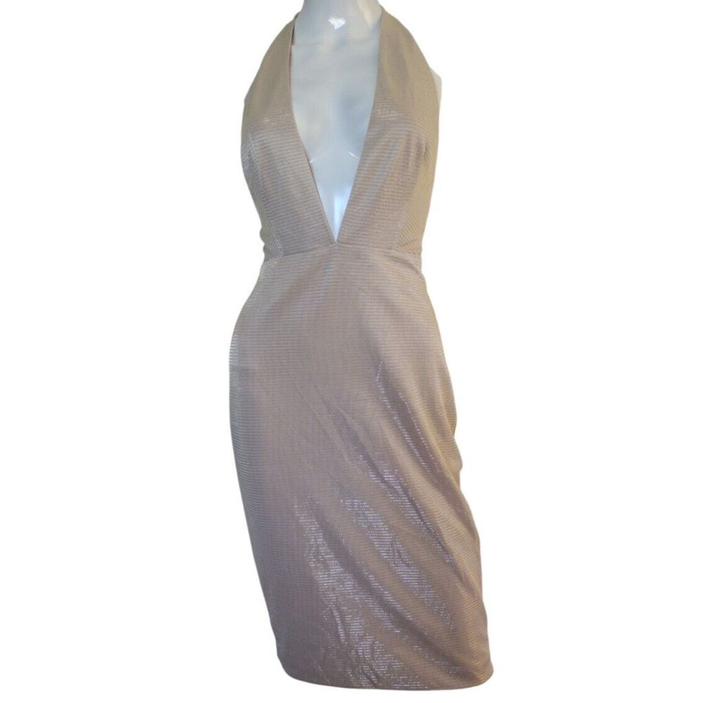 Meshki Woman Zaria Gold Midi Dress Large Halter Backless Linen Party Shinny